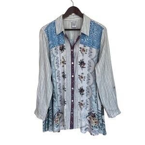 John Mark Tunic Button Down Mixed Media Beaded Shirt - XL